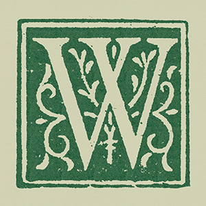 ornate capital letter W in dark green scanned from an antique book
